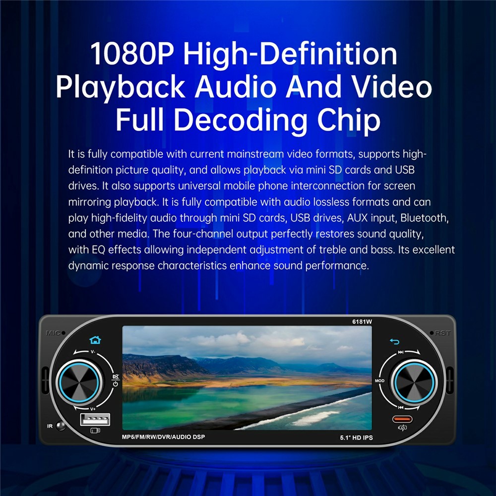 6181W 5.1 Inch HD Screen Single DIN Car Radio MP5 Player Wireless CarPlay Android Auto Bluetooth-compatible FM Radio