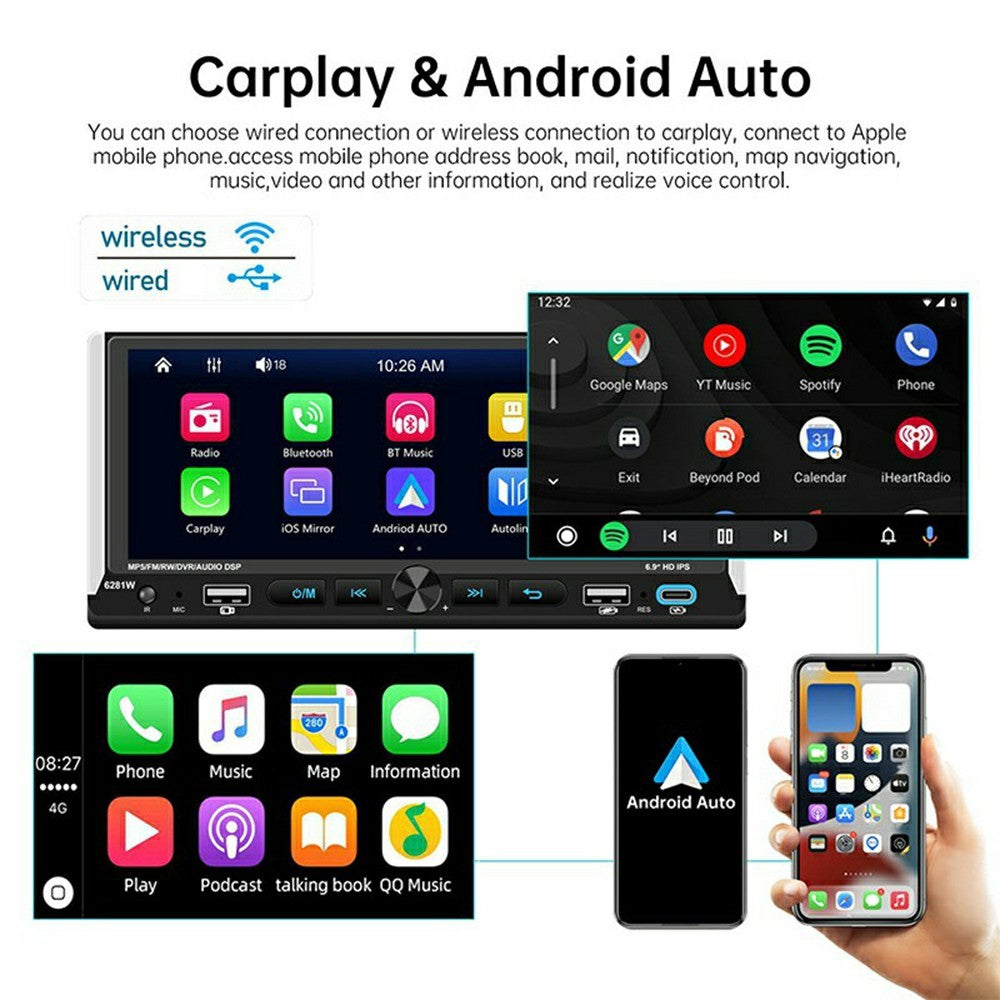 6281W Single DIN Car Stereo Radio 6.9 Inch Touch Screen GPS Navigation MirrorLink Android Auto Wireless CarPlay Player