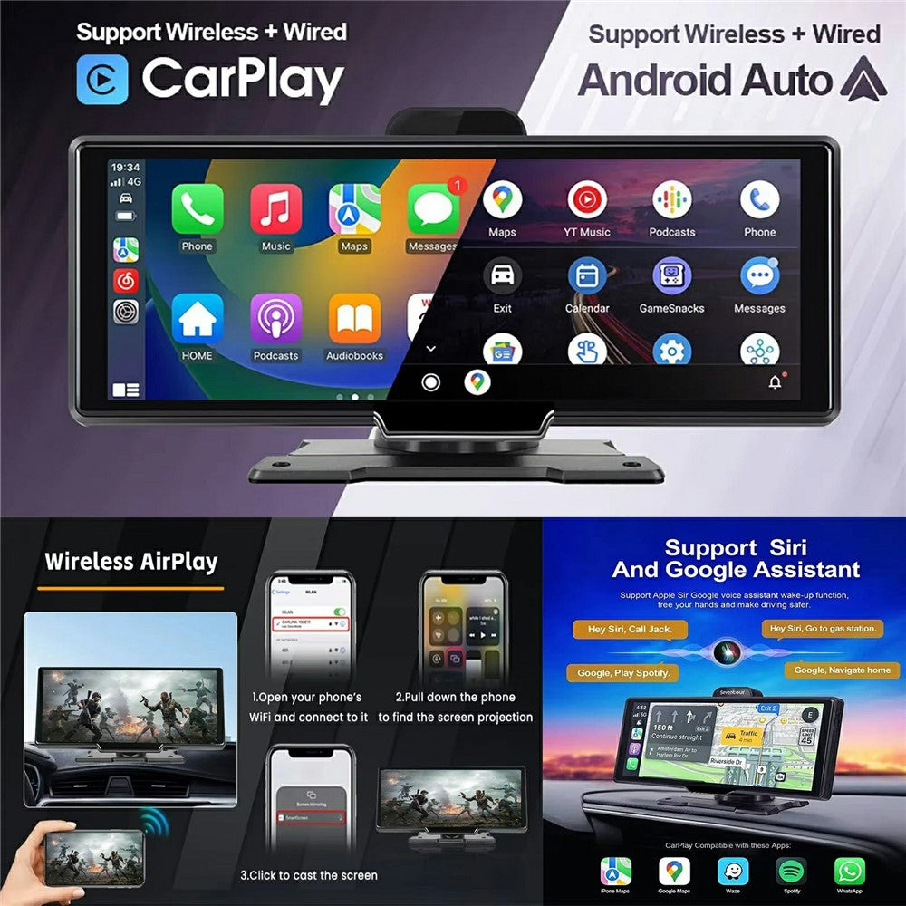 10.26 Inch Large Screen Allwinner V553 Wireless CarPlay Screen Multimedia Player with 4K + 1080P Front and Rear Dual Recording Dash Cam