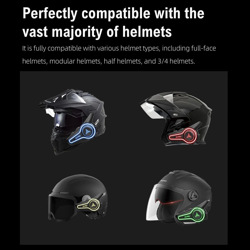 A3 PRO Motorcycle Helmet Bluetooth-compatible Intercom Headset with Hard Mic 1000m Range IP67 Waterproof Interphone