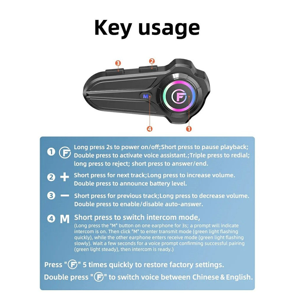 F10 PRO Motorcykelhjelm Bluetooth-kompatibelt intercom-headset med hård mikrofon, IP67 vandtæt, 1000m rækkevidde, tovejskommunikation, interphone