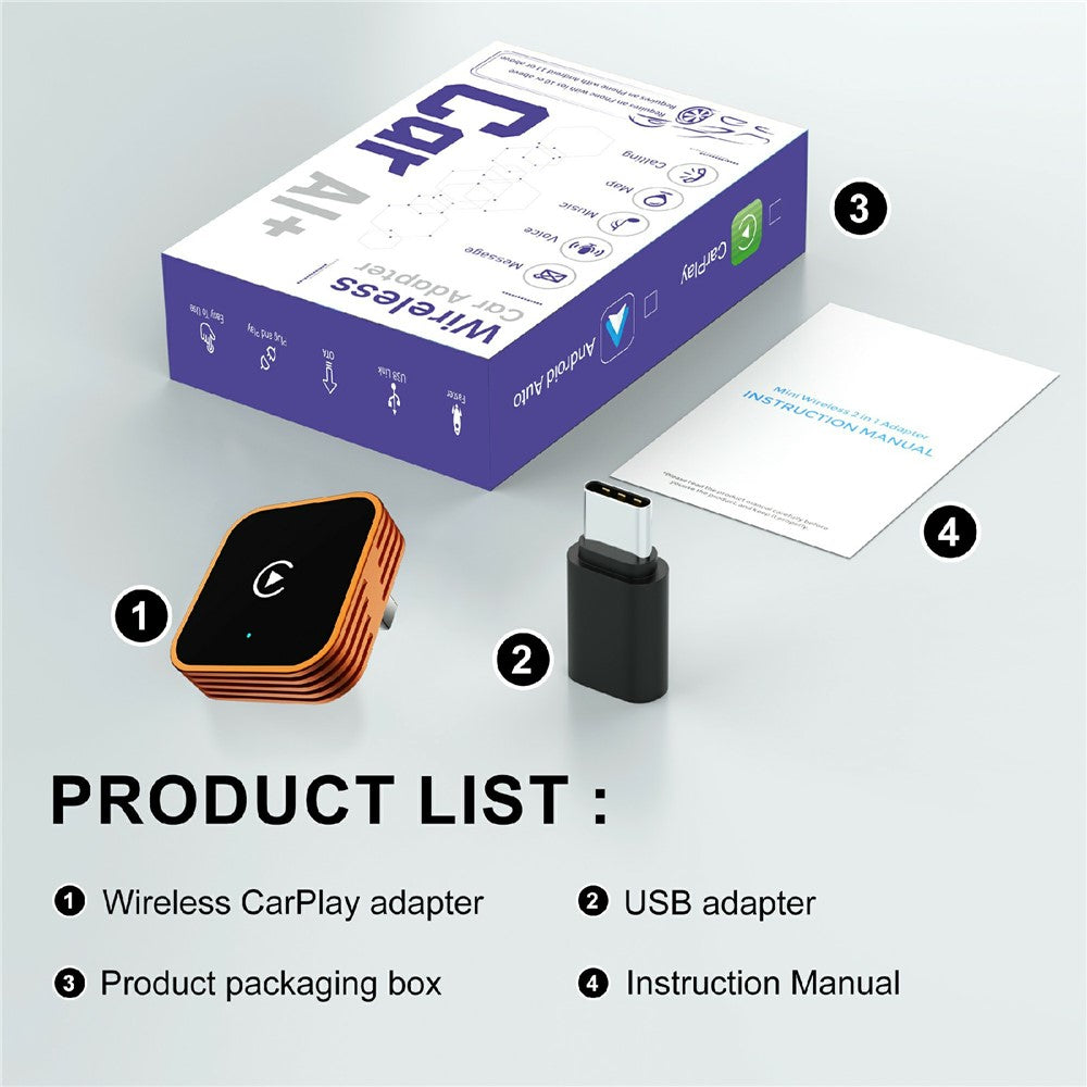 CP030-3 2-i-1 Trådløs CarPlay Android Auto Adapter Plug and Play Bil AI-boks til iPhone Android