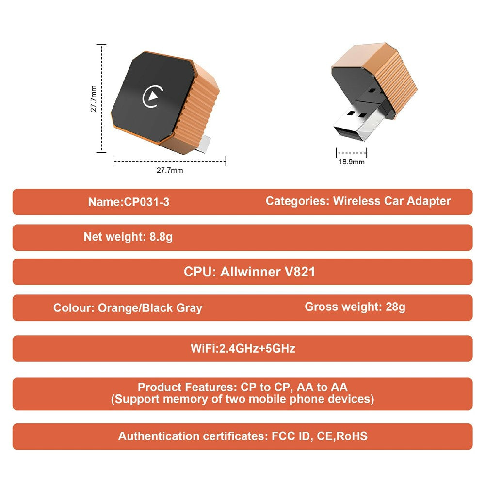 CP031-3 2 in 1 Wireless CarPlay Android Auto Adapter Plug and Play USB Dongle AI Box for Car