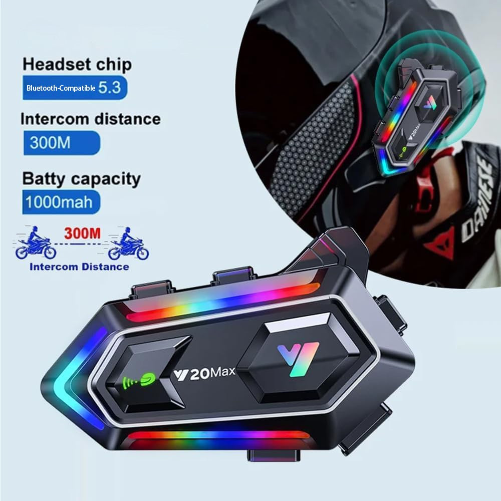 Y20MAX IPX6 Vandtæt RGB-belysning Motorcykelhjelm Bluetooth-kompatibel Intercom Headset med Hård Mikrofon