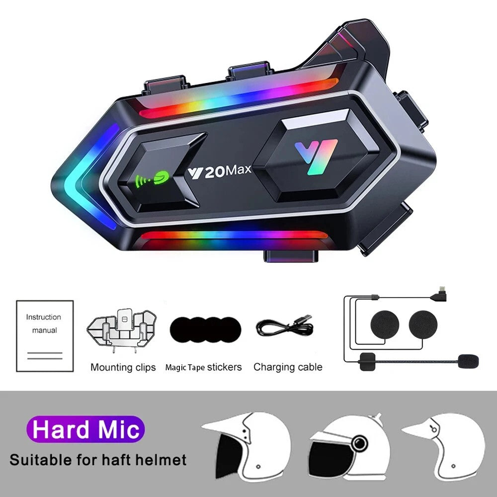 Y20MAX IPX6 Vandtæt RGB-belysning Motorcykelhjelm Bluetooth-kompatibel Intercom Headset med Hård Mikrofon