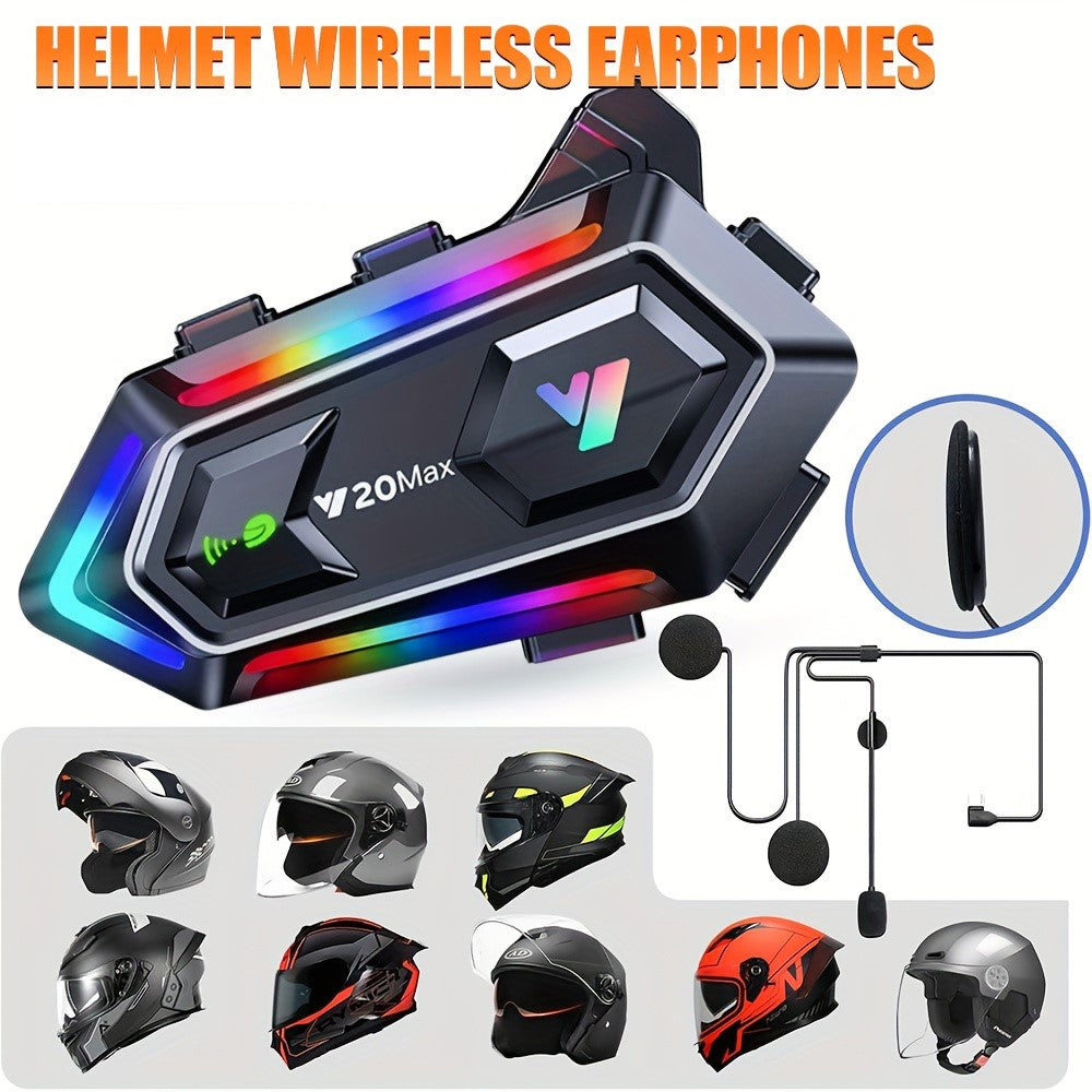 Y20MAX IPX6 Vandtæt RGB-belysning Motorcykelhjelm Bluetooth-kompatibel Intercom Headset med Hård Mikrofon