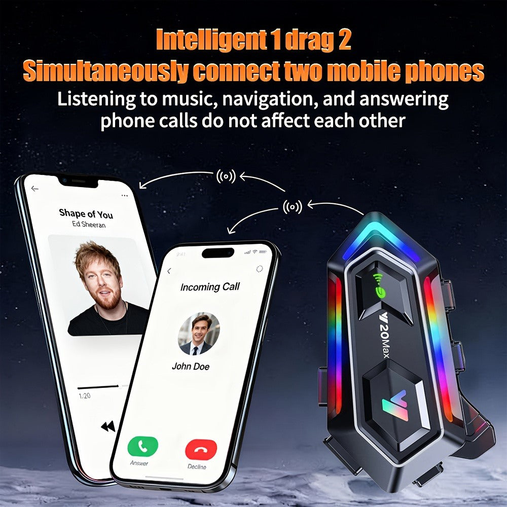 Y20MAX IPX6 Vandtæt RGB-belysning Motorcykelhjelm Bluetooth-kompatibel Intercom Headset med Hård Mikrofon