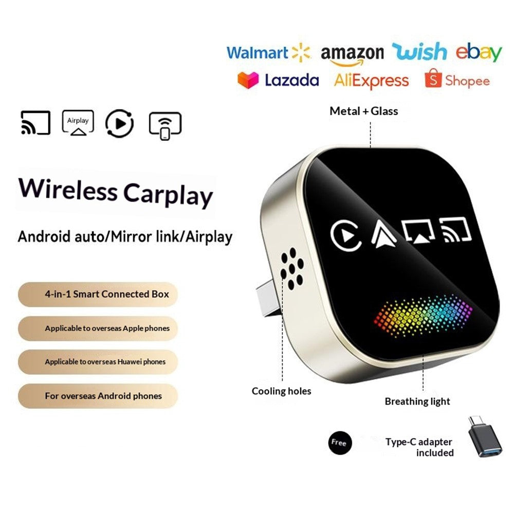 Q1A 4-i-1 Kablet til Trådløs CarPlay Android Auto Adapter USB Dongle Understøtter AirPlay og Mirror Link, med Åndedrætslys