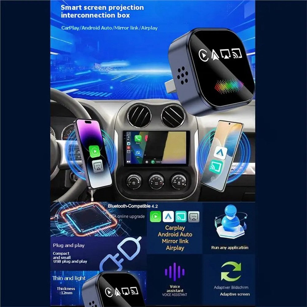 Q1A 4-i-1 Kablet til Trådløs CarPlay Android Auto Adapter USB Dongle Understøtter AirPlay og Mirror Link, med Åndedrætslys