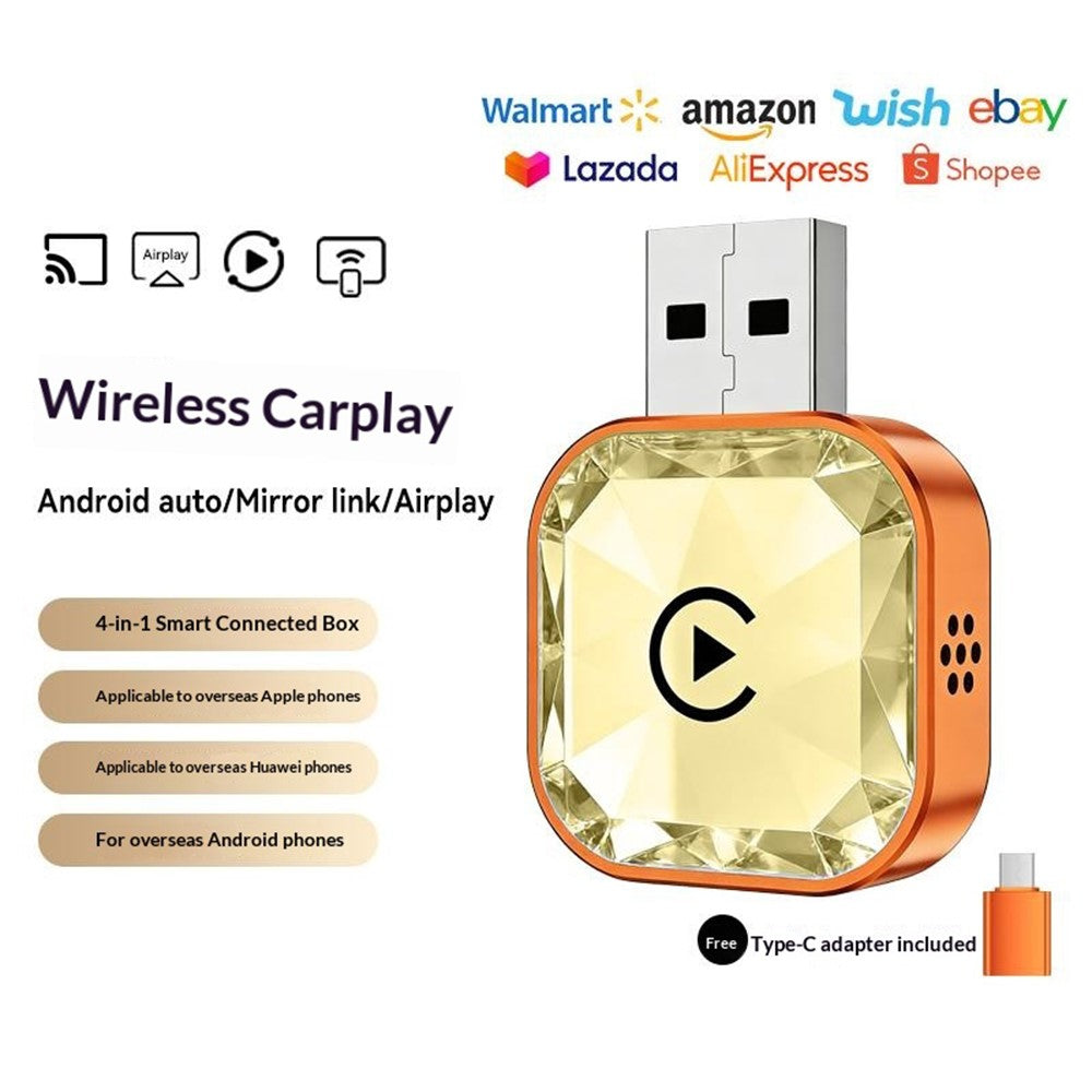 Q1AS 4-in-1 Diamond Cut Wireless CarPlay Adapter Wired to Wireless Android Auto AirPlay Mirror Link USB Dongle