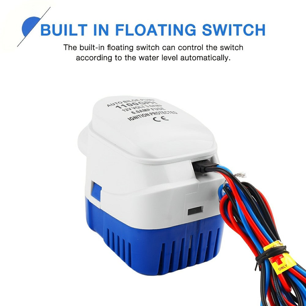 12V Bilge Pump 1100GPH Submersible Water Pump Auto Float Switch for RV Marine Boat
