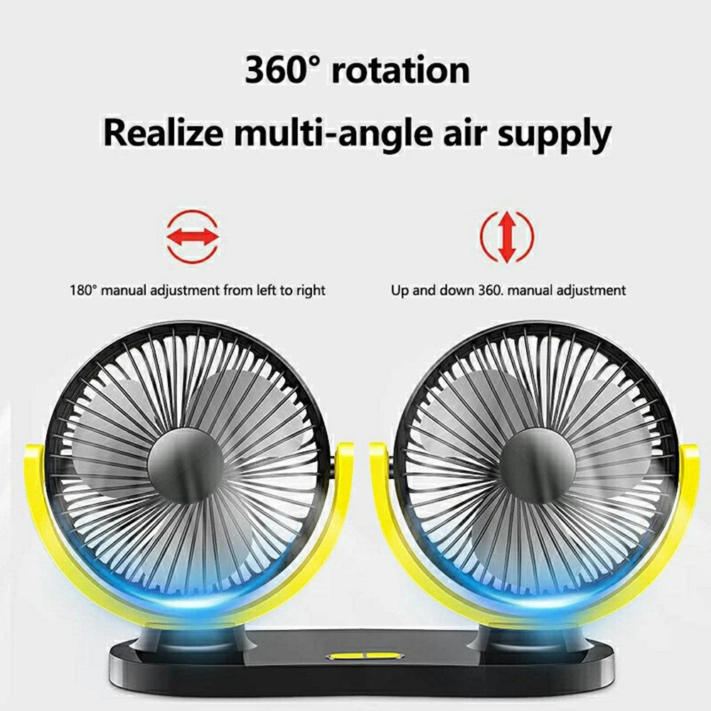 12V / 24V Car USB Fan 360 Degree Rotatable 3-Speed Adjustable Dual Head Desktop Silent Fan for Dashboard