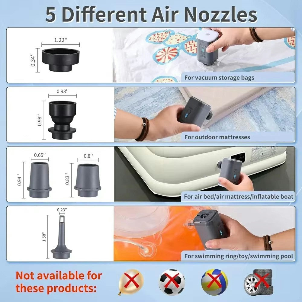 2400mAh Mini Electric Air Pump with 5 Air Nozzles Cordless Inflator with LED Light for Camping
