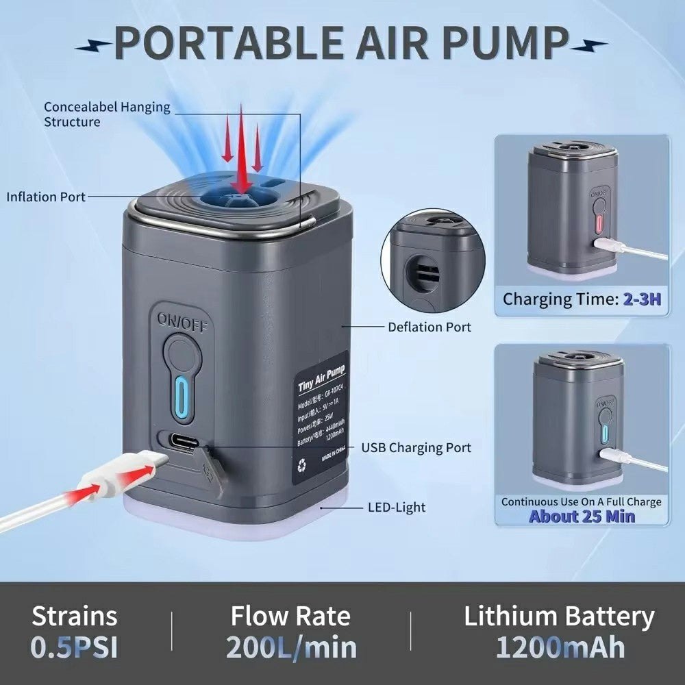 2400mAh Mini Electric Air Pump with 5 Air Nozzles Cordless Inflator with LED Light for Camping