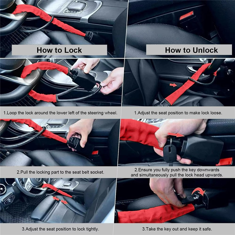 70cm Car Steering Wheel Lock Thickened Steel Wire Anti-Theft Lock with 3 Keys for Truck / SUV / Van