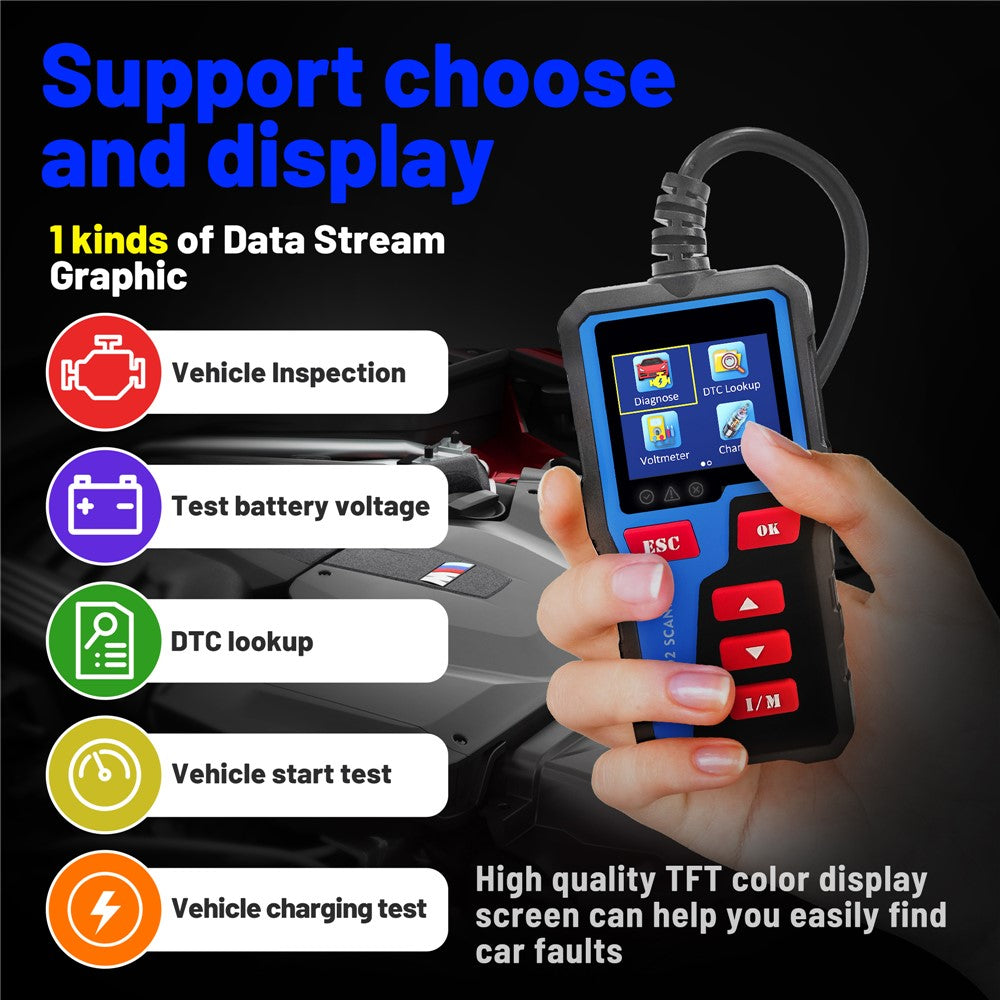 AT300 OBD2 Scanner 1.8 Inch TFT Screen Car Diagnostic Tool Battery Test Code Reader for Engine Check