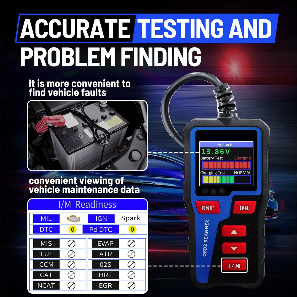 AT300 OBD2 Scanner 1.8 Inch TFT Screen Car Diagnostic Tool Battery Test Code Reader for Engine Check