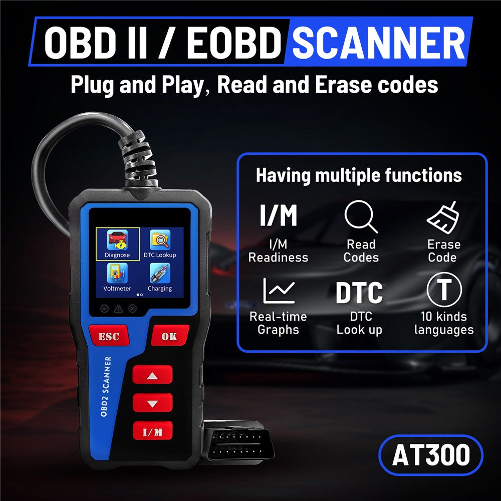 AT300 OBD2 Scanner 1.8 Inch TFT Screen Car Diagnostic Tool Battery Test Code Reader for Engine Check
