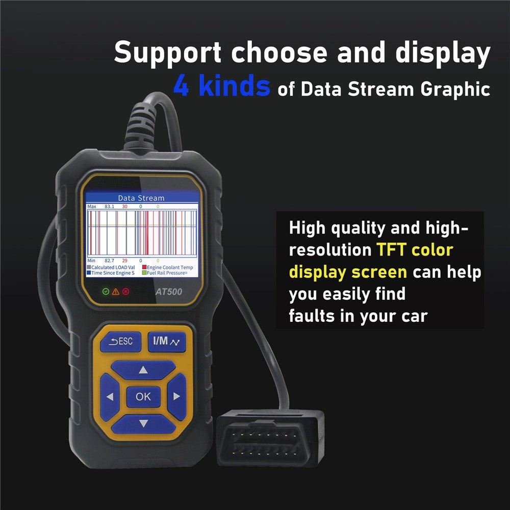 AT500 OBD2-skanner 2,4-tums färg-TFT-skärm bildiagnostikverktyg batteritest för bilar