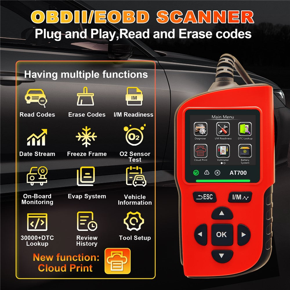 AT700 OBD2 Scanner 2.4-inch TFT Screen Battery Test Car Diagnostic Tool Supports Cloud Print