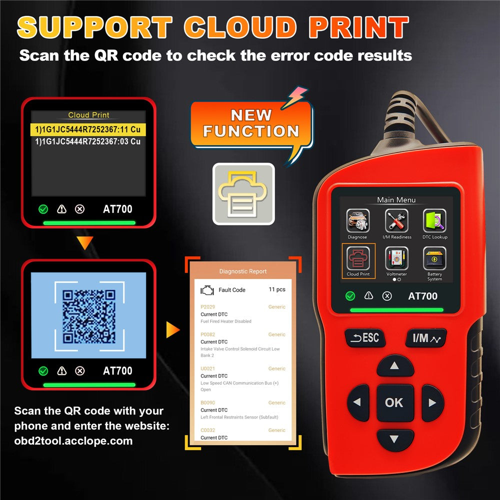 AT700 OBD2 Scanner 2.4-inch TFT Screen Battery Test Car Diagnostic Tool Supports Cloud Print