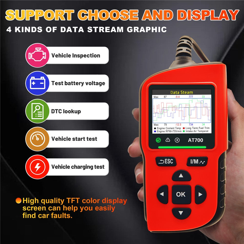 AT700 OBD2 Scanner 2.4-inch TFT Screen Battery Test Car Diagnostic Tool Supports Cloud Print