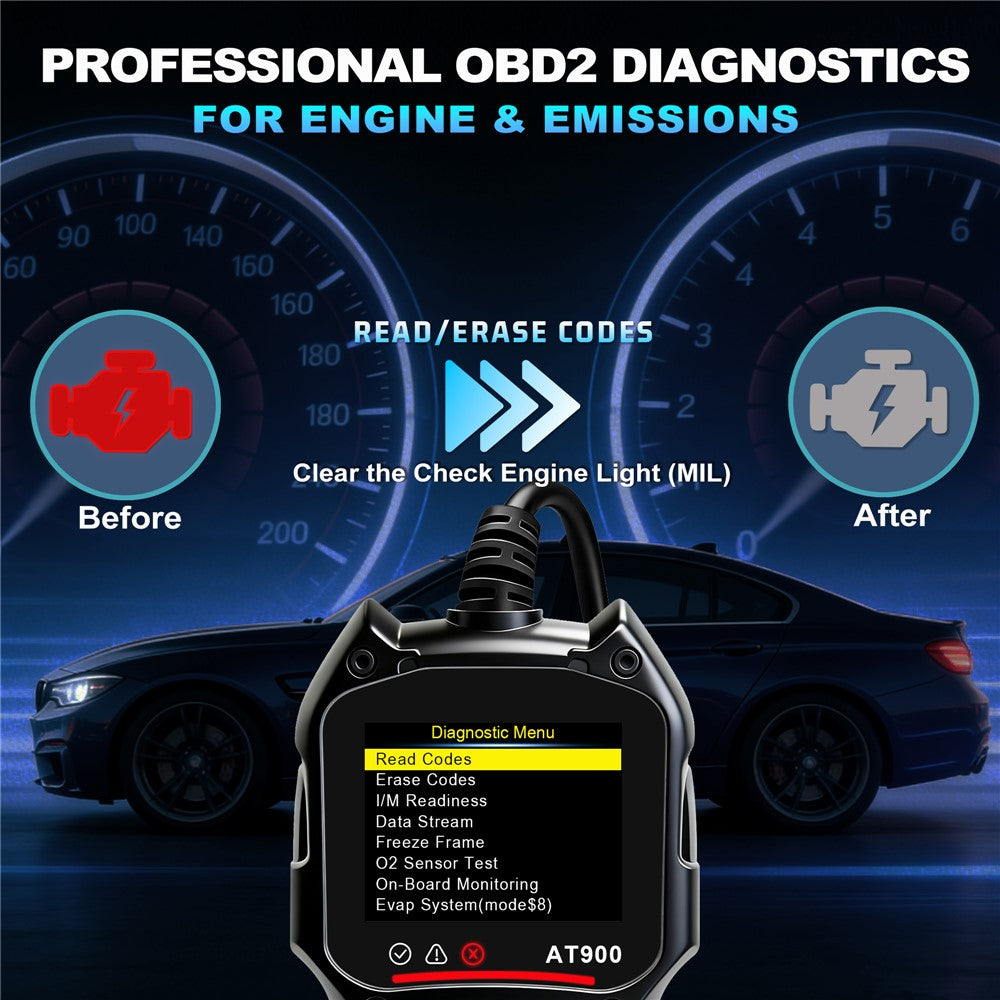 AT900 OBD2 Car Diagnostic Scanner Tool Support Cloud Print 2.4 Inch TFT Screen Battery Tester for Engine Check