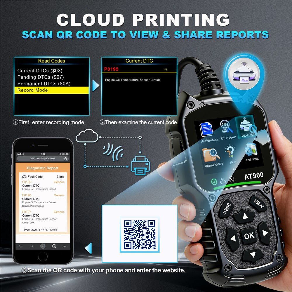 AT900 OBD2 Car Diagnostic Scanner Tool Support Cloud Print 2.4 Inch TFT Screen Battery Tester for Engine Check
