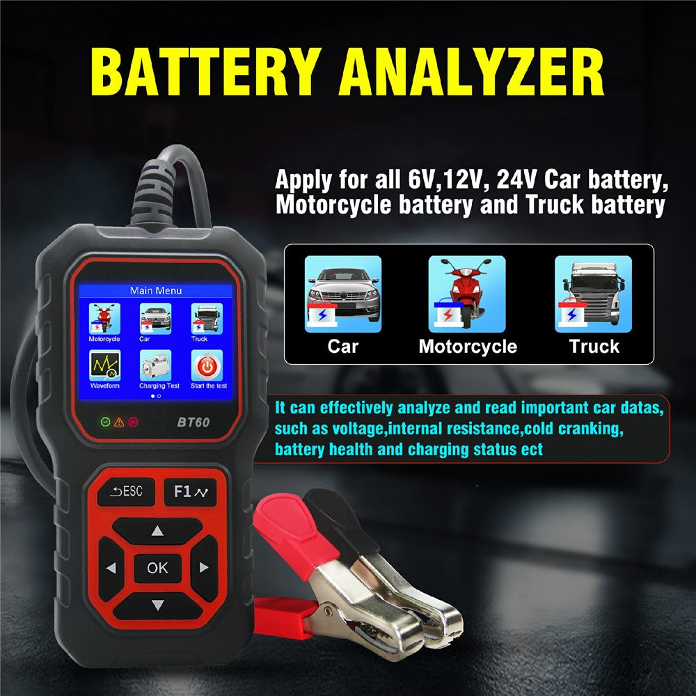 BT60 2,4 tommer TFT-skærm batteritester og -analysator 6V / 12V / 24V bil motorcykel lastbil blysyre batteridiagnoseværktøj