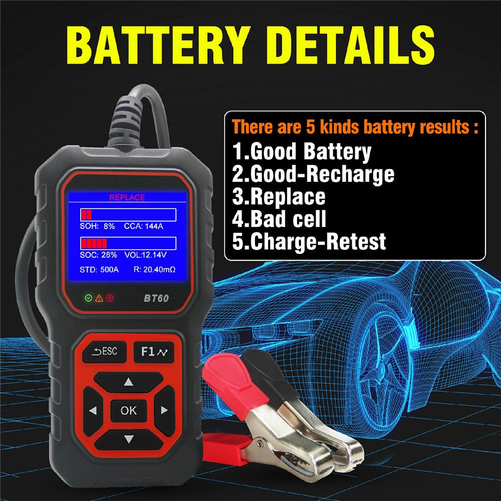 BT60 2,4 tommer TFT-skærm batteritester og -analysator 6V / 12V / 24V bil motorcykel lastbil blysyre batteridiagnoseværktøj