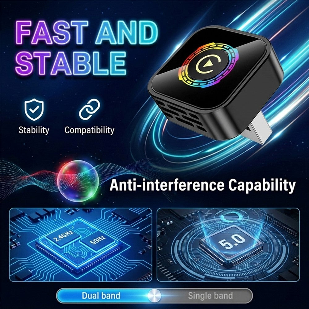 Q1A 2-in-1 Wireless CarPlay Android Auto Adapter BT5.0 Dual Band WiFi USB Dongle with One-Button Switching