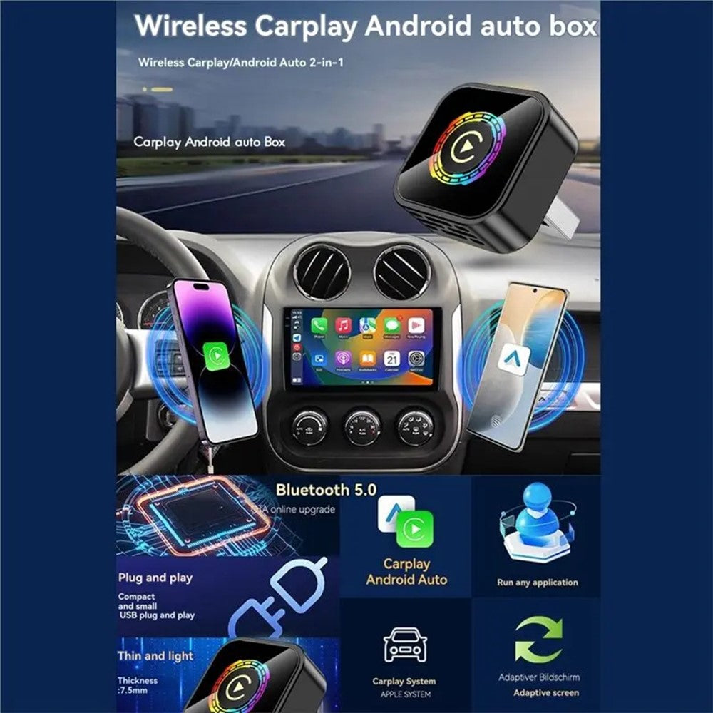 Q1A 2-in-1 Wireless CarPlay Android Auto Adapter BT5.0 Dual Band WiFi USB Dongle with One-Button Switching