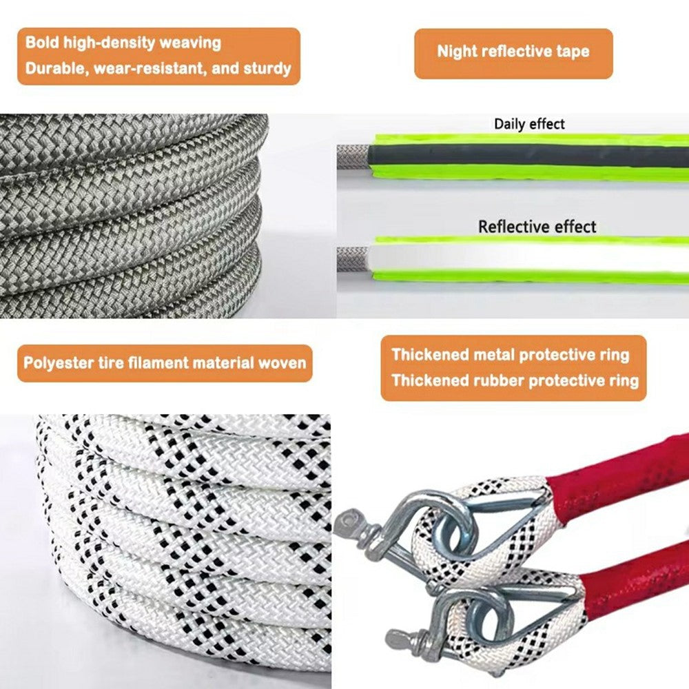 3m 5 Ton Car Tow Rope Night Safety Reflective Emergency Rescue Strap with 2 Heavy Duty D-Shackles