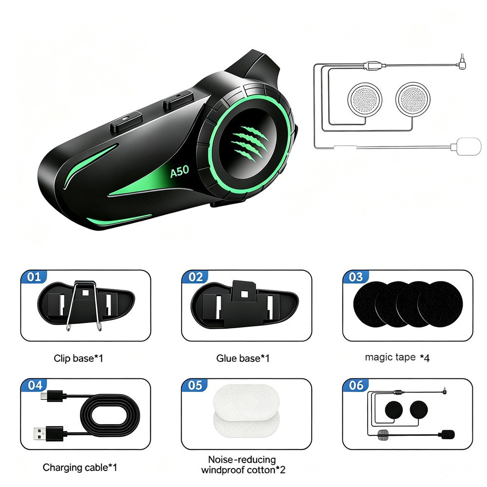 A50 Pro Hi-Fi stereolyd Motorcykelhjelm Bluetooth-kompatibel intercom-øretelefoner med hård mikrofon til kørsel