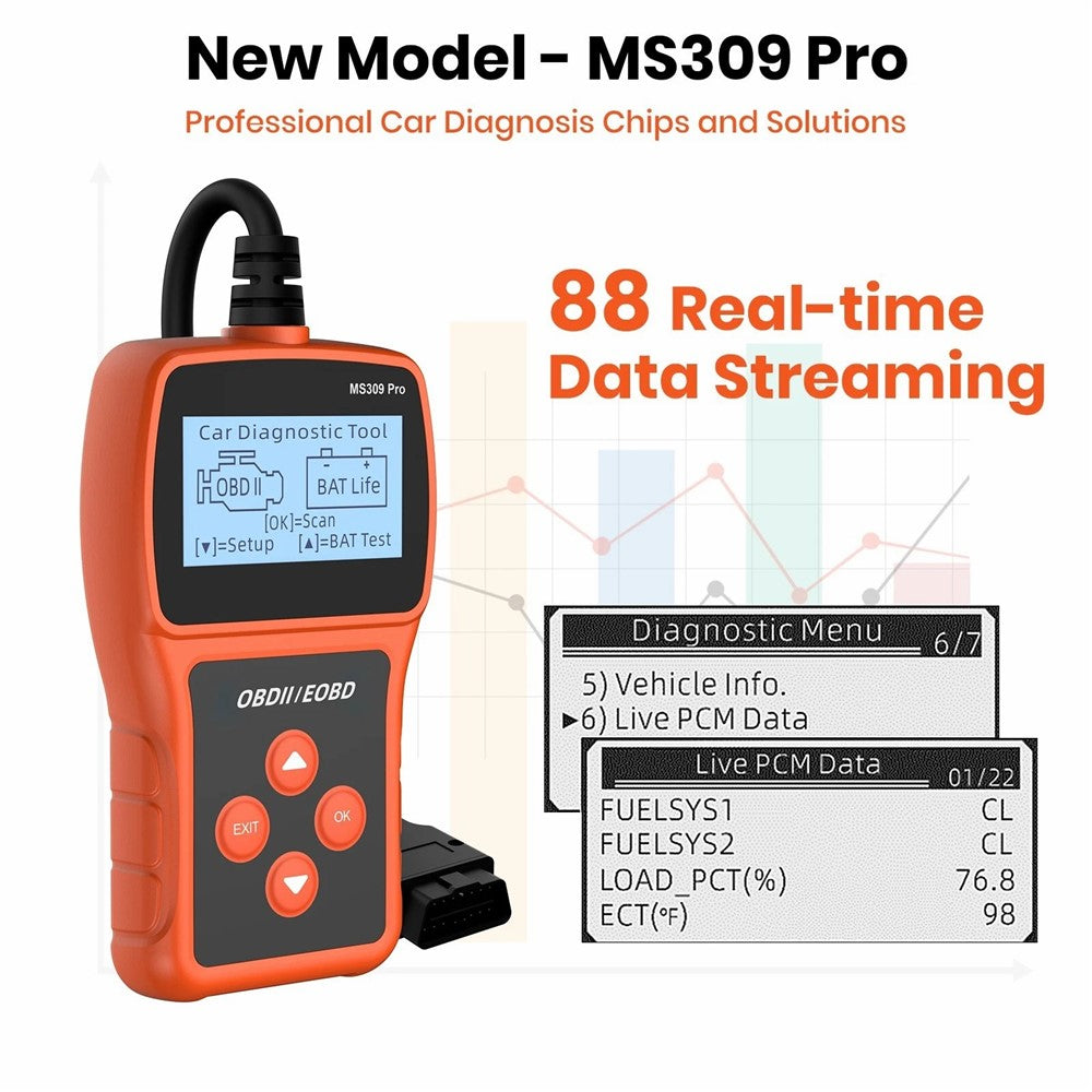 MS309 PRO OBD2 Scanner Car Diagnostic Tool Battery Tester Code Reader for 12V Gasoline Vehicles