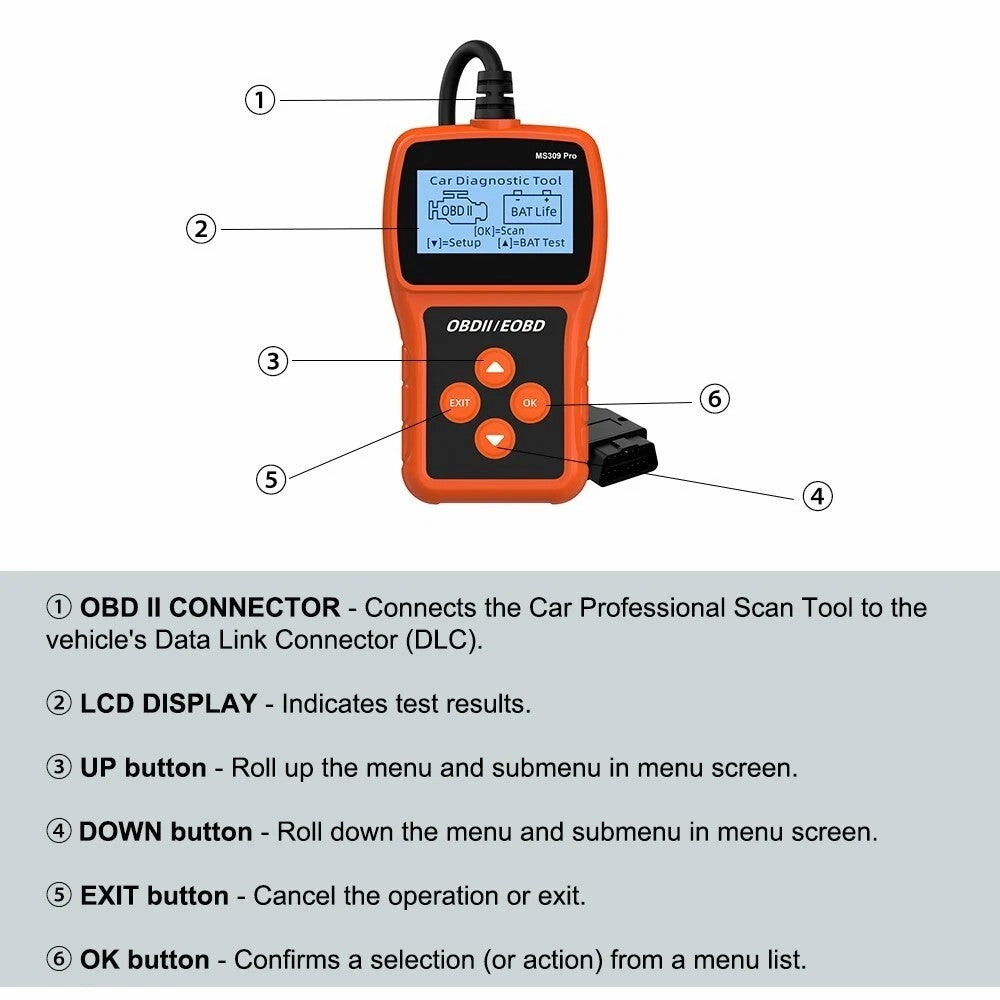 MS309 PRO OBD2 Scanner Car Diagnostic Tool Battery Tester Code Reader for 12V Gasoline Vehicles