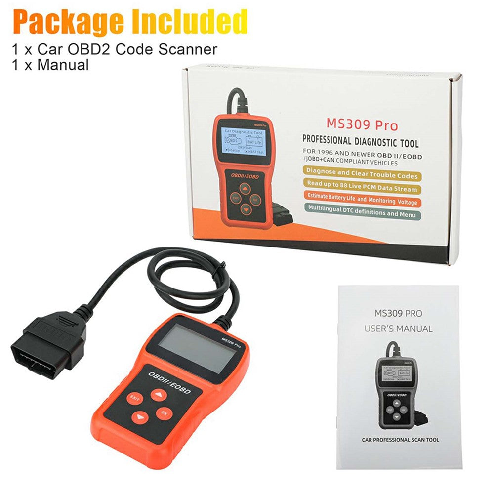 MS309 PRO OBD2 Scanner Car Diagnostic Tool Battery Tester Code Reader for 12V Gasoline Vehicles
