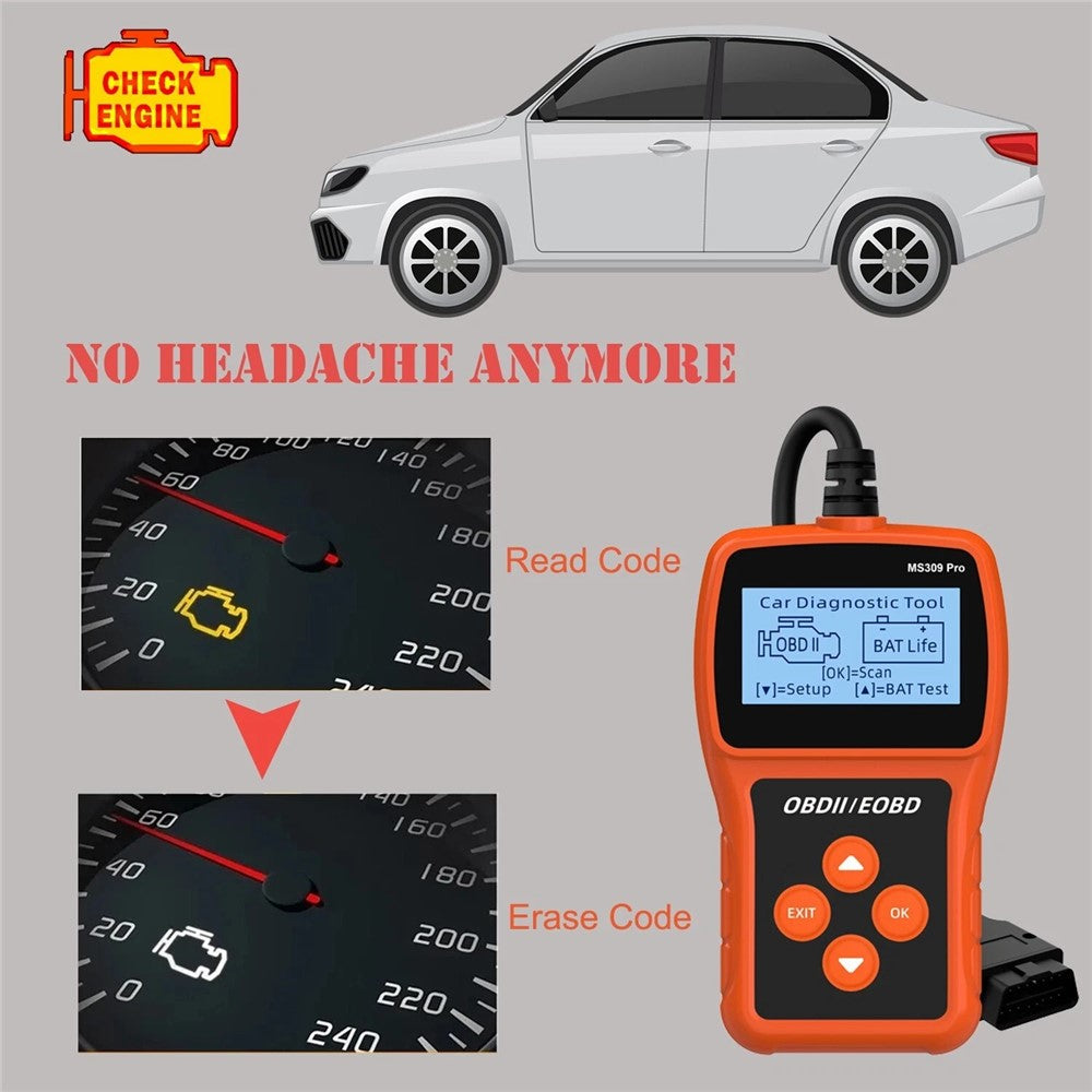 MS309 PRO OBD2 Scanner Car Diagnostic Tool Battery Tester Code Reader for 12V Gasoline Vehicles