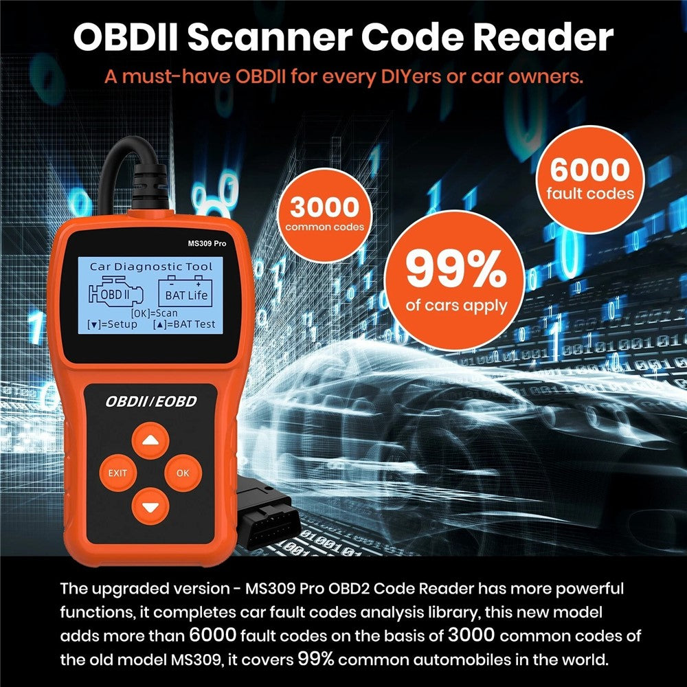 MS309 PRO OBD2 Scanner Car Diagnostic Tool Battery Tester Code Reader for 12V Gasoline Vehicles