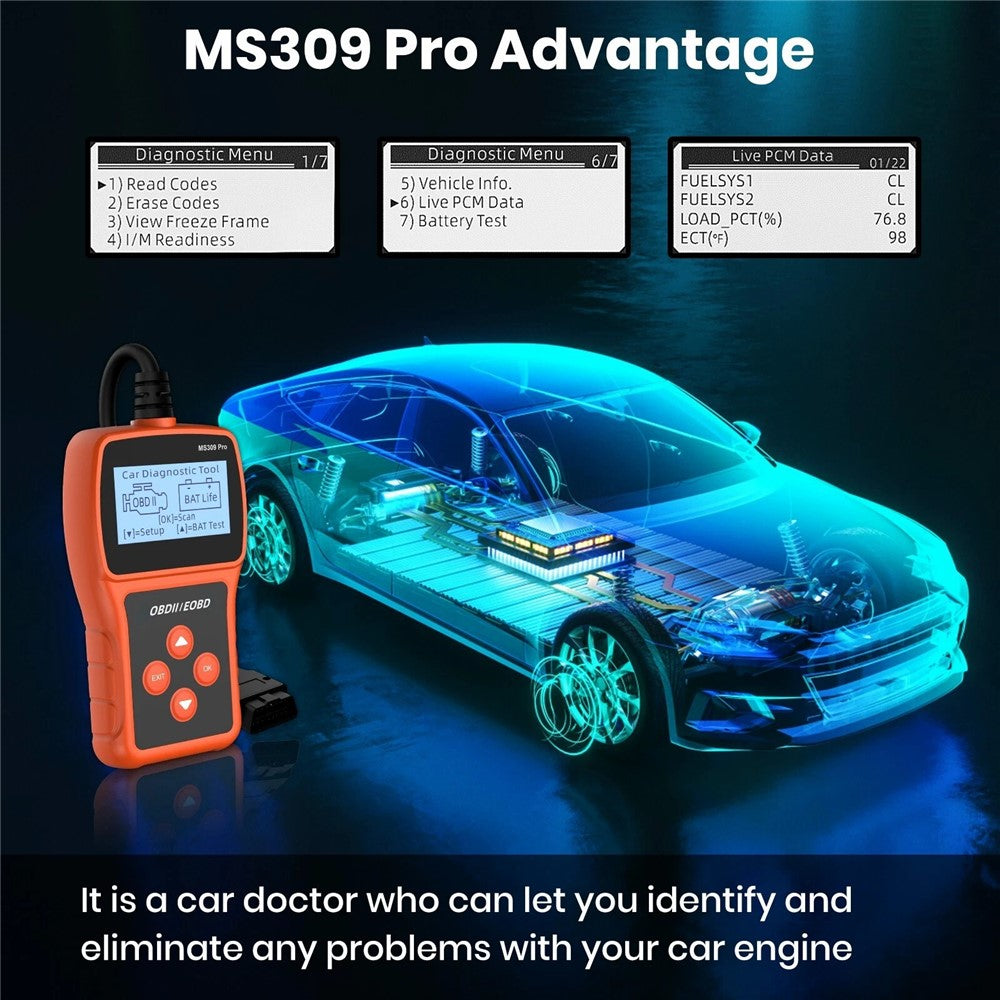 MS309 PRO OBD2 Scanner Car Diagnostic Tool Battery Tester Code Reader for 12V Gasoline Vehicles