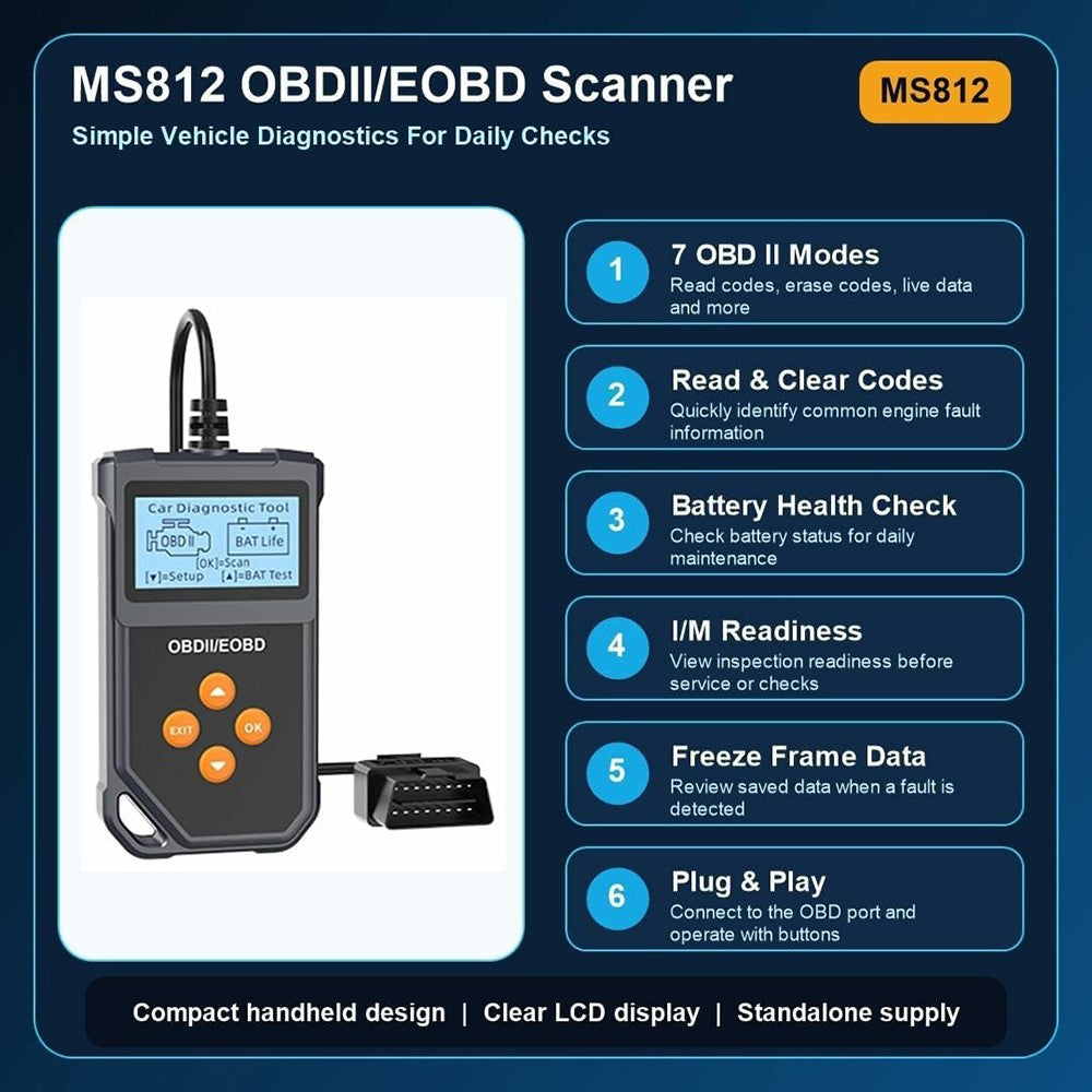 MS812 OBD2 Scanner for Fiesta II 2006-2014 Car Diagnostic Tool Battery Tester Code Reader with 7 OBD II Modes