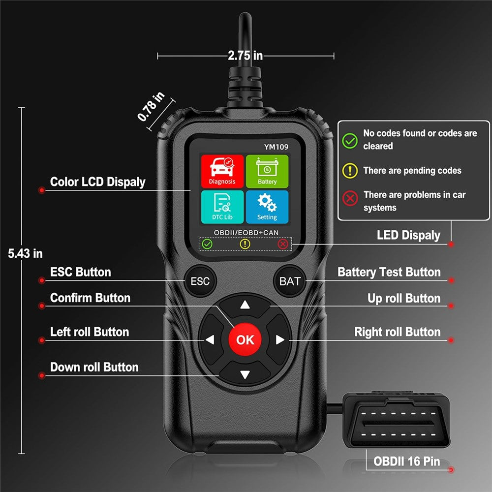 YM109 2.8 inch Color LCD OBD2 Scanner with Battery Test Car Diagnostic Code Reader