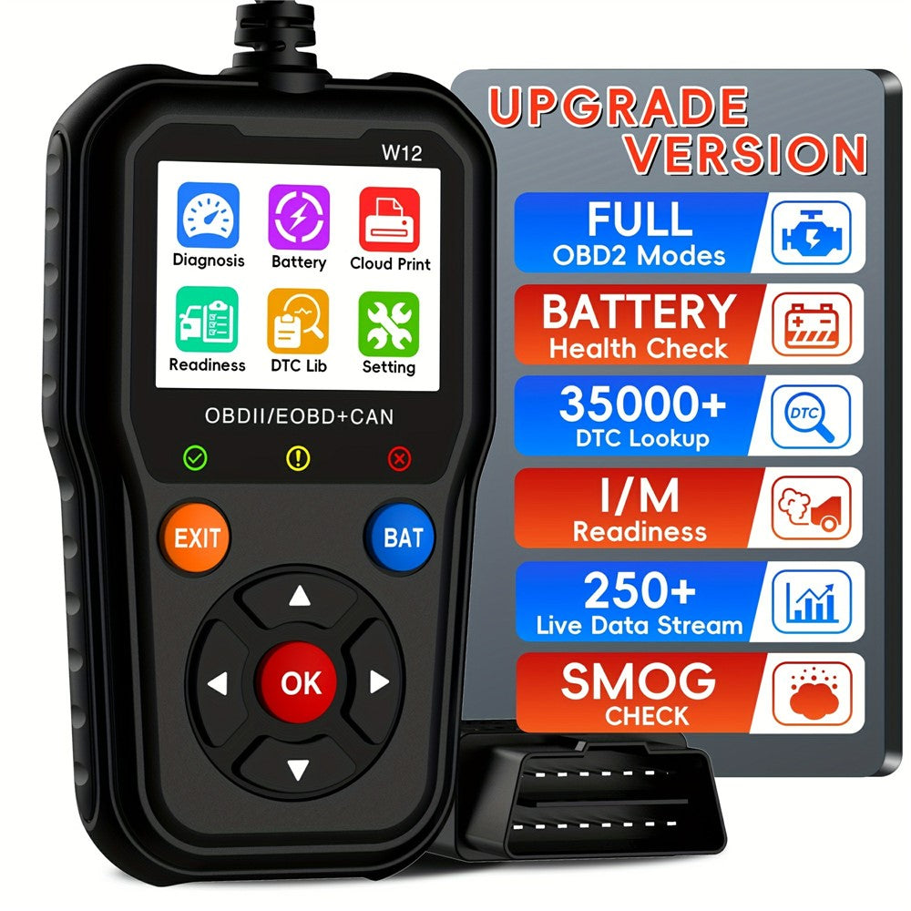 W12 OBD2 Scanner OBDII / EOBD+CAN Car Diagnostic Tool with Battery Test 35000+ DTC Lookup