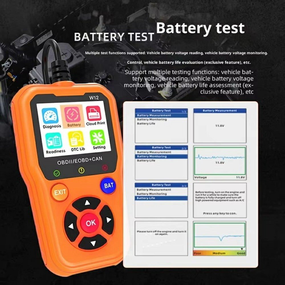 W12 OBD2 Scanner OBDII / EOBD+CAN Car Diagnostic Tool with Battery Test 35000+ DTC Lookup