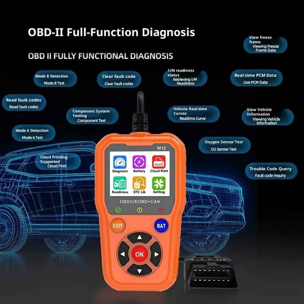 W12 OBD2 Scanner OBDII / EOBD+CAN Car Diagnostic Tool with Battery Test 35000+ DTC Lookup