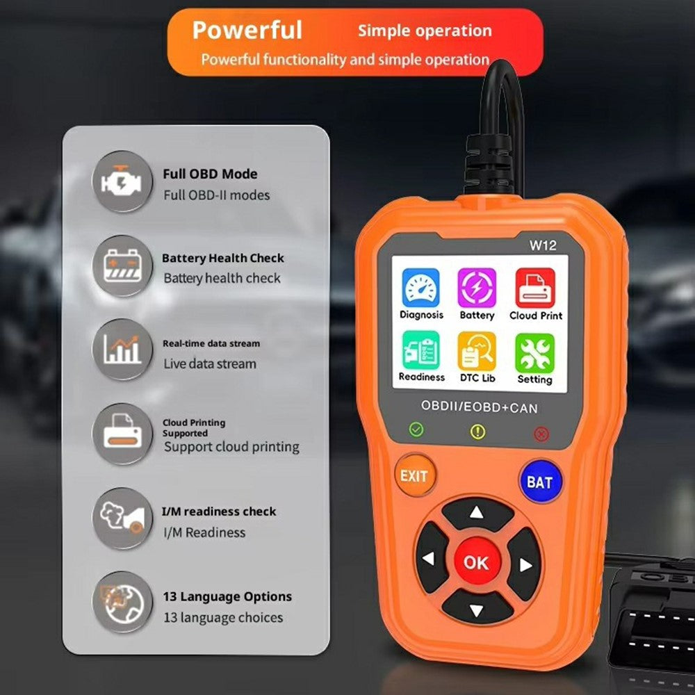 W12 OBD2 Scanner OBDII / EOBD+CAN Car Diagnostic Tool with Battery Test 35000+ DTC Lookup