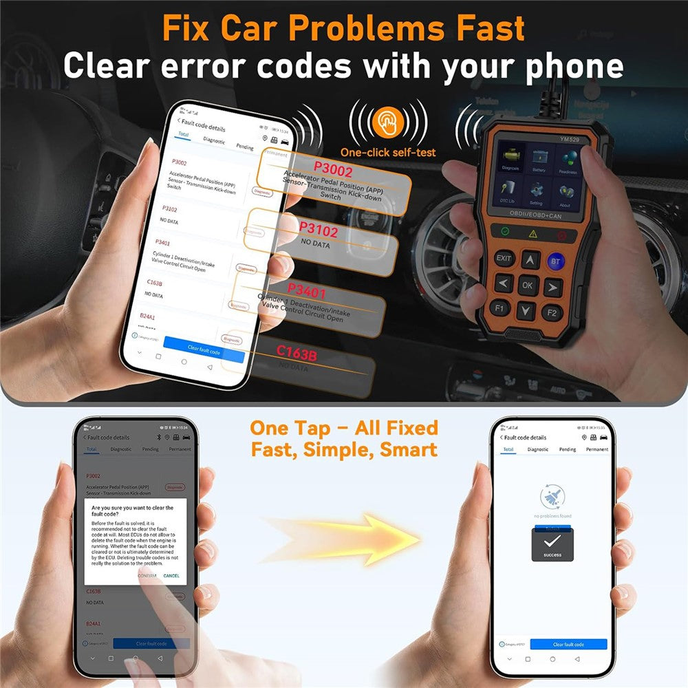 YM529 OBD2 Car Scanner Diagnostic Tool Bluetooth-compatible Live Data Battery Tester