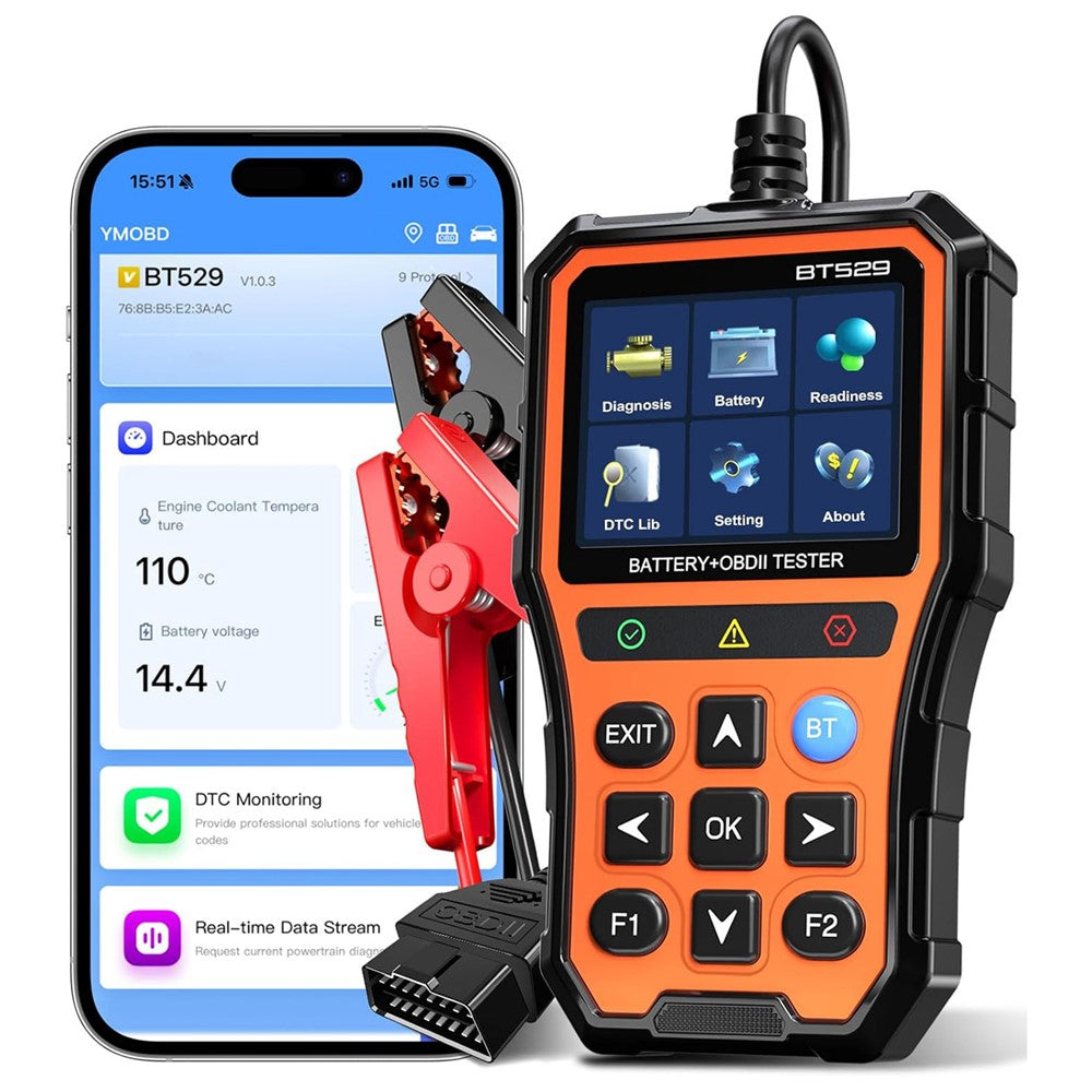 BT529 Bluetooth-compatible Car Battery Tester 2.8 inch IPS Screen OBDII Code Scanner