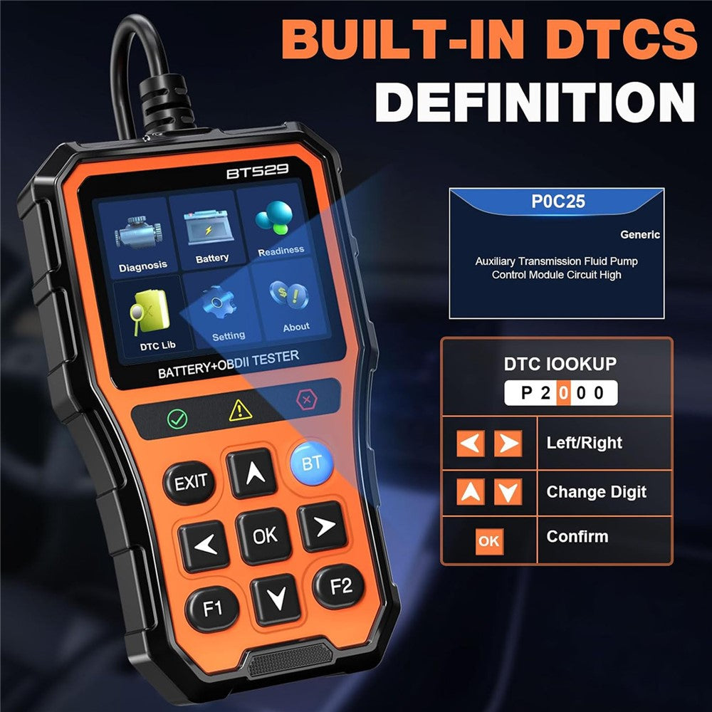 BT529 Bluetooth-compatible Car Battery Tester 2.8 inch IPS Screen OBDII Code Scanner