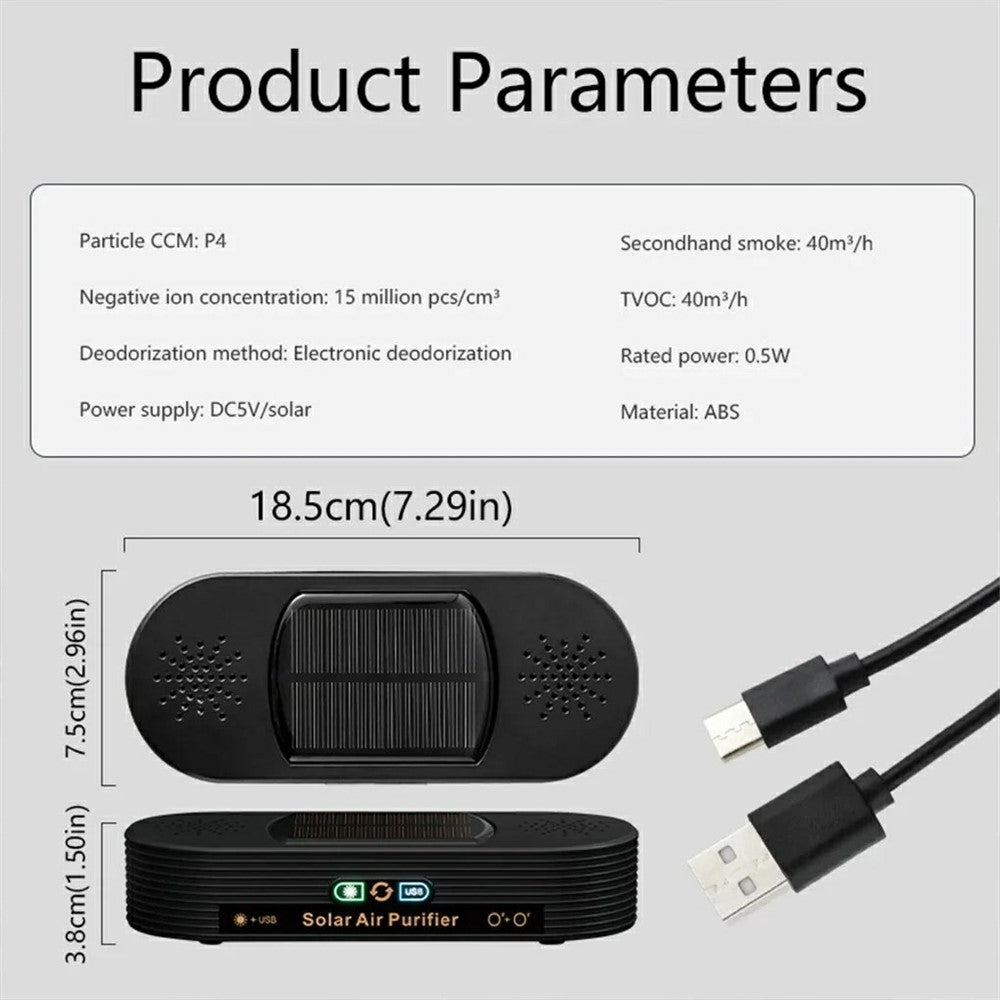Solar Car Air Purifier 15 Million Negative Ions 0.5W USB Powered Odor Remover for Vehicle